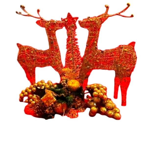 ♥Christmas Decor Golden Wire Reindeers & Tree with red & green sparkles + floral - Picture 1 of 5